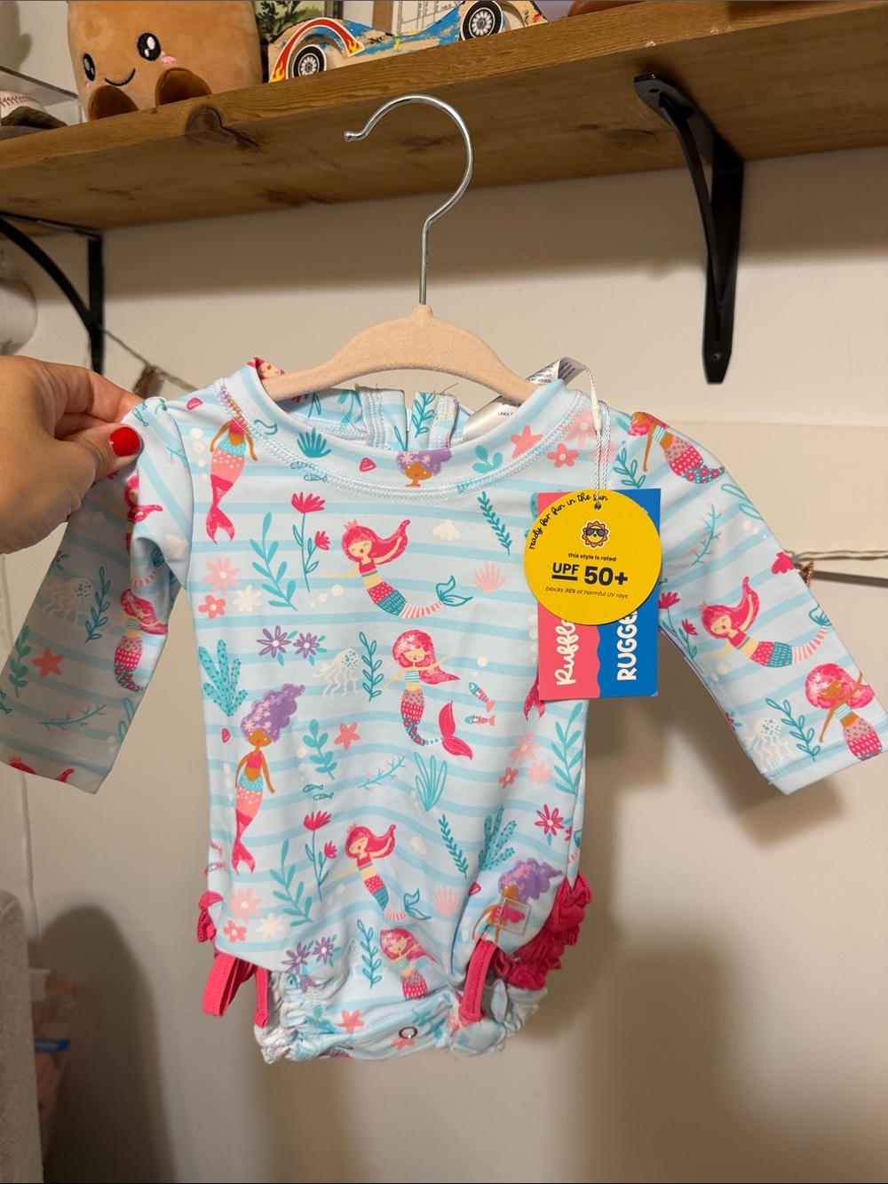 RuffleButts UPF 50+ Mermaid Rashguard One-Piece - Aqua & Pink ✨